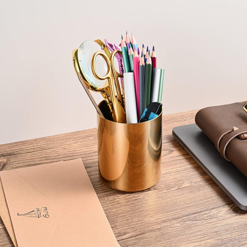 Nordic Style Stainless Steel Desk Organizer, Simple Pen Cup, Makeup Brush Holder for Vanity, Bathroom, Golden