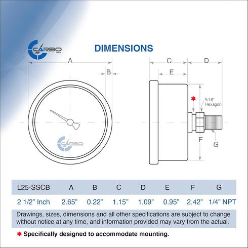 2 1-2" Pressure Gauge, Stainless Steel Case, Chrome Plated Brass Connection, Liquid Filled, 0-160 psi/kPa, Back Mount