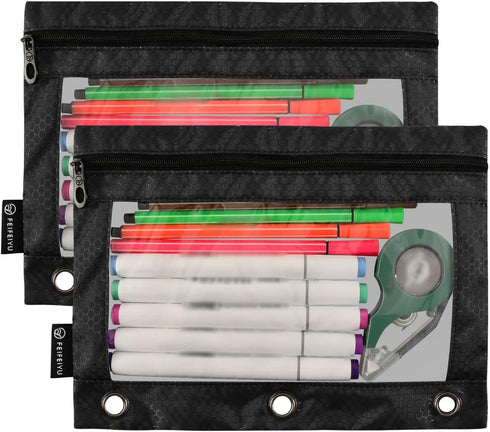 Binder Pencil Pouch 3 Ring Black Zipper Case, 2 Pack Clear Window Binder Organizer for School Office