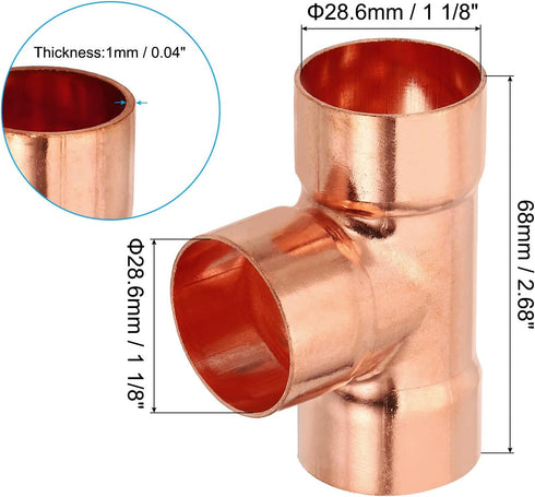 PATIKIL 1 1/8" ID 1mm Thick Tee Copper Fitting, 2pcs 3 Way Pure Copper Pipe Connector for Plumbing