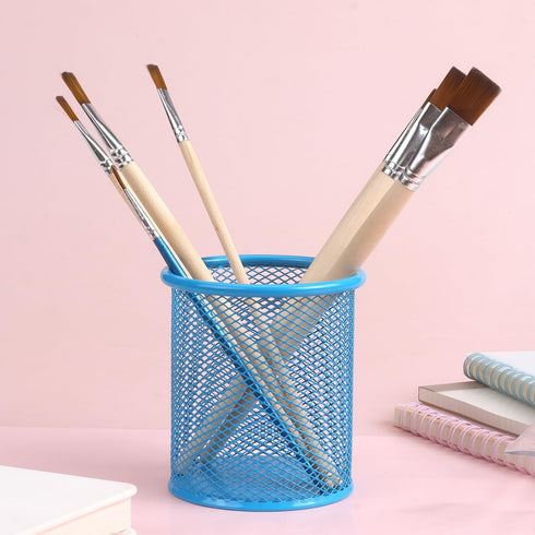Tamaki Wire Mesh Pen Holder Cup for Desk, Blue Pencil Organizer for Office