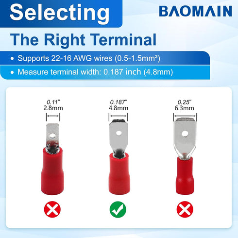 Baomain 100-Pack Male Quick Disconnect Spade Connectors, 0.187", 22-16 AWG, Insulated Terminals Red