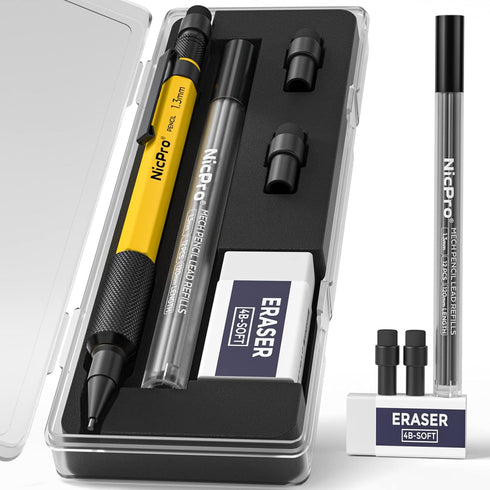 Nicpro 1.3 mm Mechanical Pencil Set with 12 Lead Refill, Heavy Duty Carpenter Pencil for Outdoor Marking