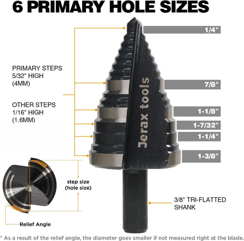 1/4 to 1-3/8 Inch Step Drill Bit, M2 High Speed Steel for Hole Drilling in Various Materials