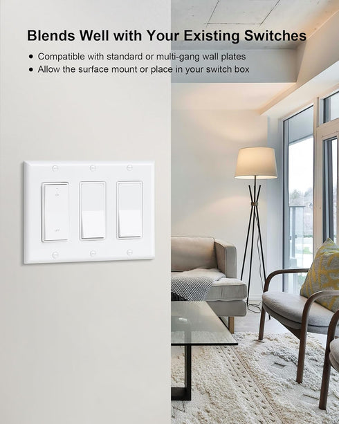 200FT 15A/1875W Remote Control Outlet, Decorator Rocker Wall Switch, Long Range Wireless Light Switch, Mini Remote