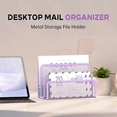 SUPEASY Mail Organizer, Desktop File Organizer Mesh Metal Mail Holder with 3-Slot, Office Envelope Organizer (Purple)