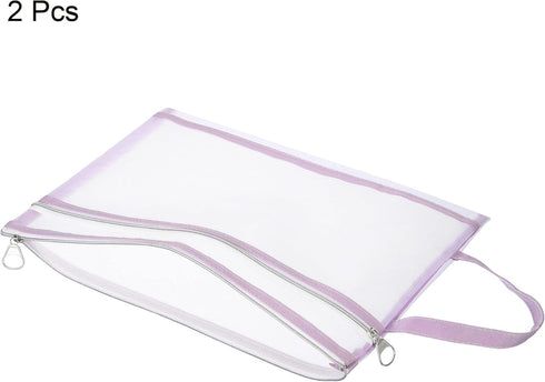 PATIKIL Nylon Document Zip Pouch with Handle, 2 Pack A4 Mesh Clear Files Bag for Office Business, Purple