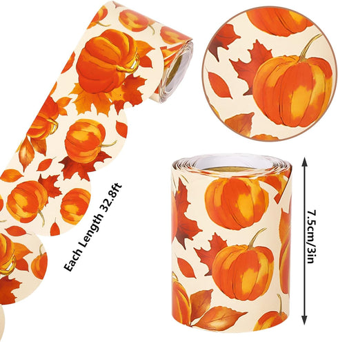 Whaline 131.2ft Fall Bulletin Board Borders, Pumpkin Maple Leaf Plaid Die-Cut Trim for Autumn Thanksgiving Decoration