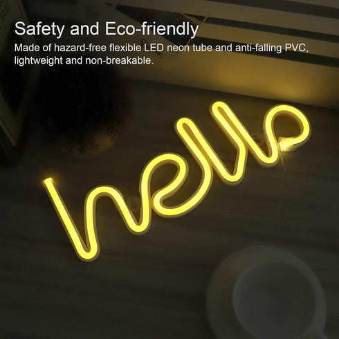 Neon Light, LED Hello Neon Word Sign, Decorative Lights for Kids Room, USB Battery Powered, Warm White