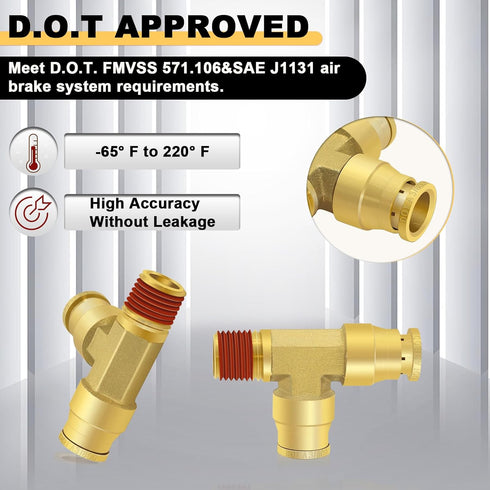 Siptenk 3/8" OD Tube 1/4" Side NPT Brass Tee Union DOT Air Fittings, 3PCS for Truck Trailers