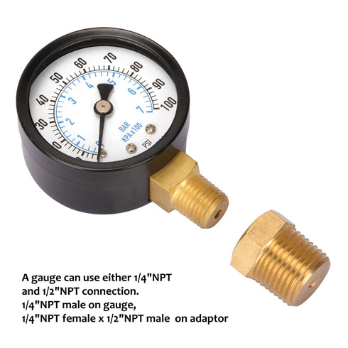 Measureman 2" Well Pump Pressure Gauge, 0-100psi/bar, 1/4" NPT Male with 1/2" NPT Adaptor