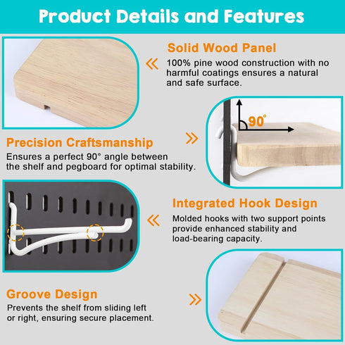 2 Pack Solid Wood Pegboard Shelf, Pegboard Accessories with Hooks, Compatible with IKEA Skadis