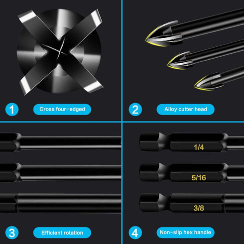 10-Piece Glass Concrete Drill Bit Set, Masonry Bits for Brick, Plastic, Wood, Hex Shank Tungsten Carbide