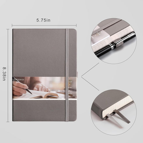 EMSHOI A5 Graph Paper Notebook - 256 Pages, Hard Cover, 120gsm Thick Paper, Smooth PU Leather, Inner Pocket, Dark Grey