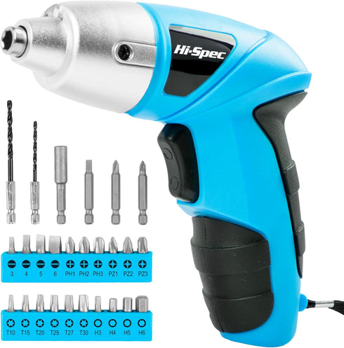 Hi-Spec 27pc 3.6V Blue USB Small Power Electric Screwdriver Set, Cordless & Rechargeable with Driver Bit Set