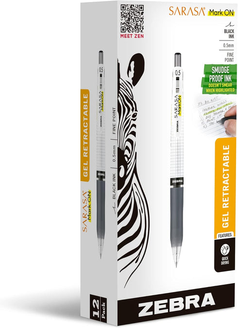 Zebra Pen Sarasa Mark ON Gel Retractable Pen, Fine Point, 0.5mm, Black Ink, 12-Pack