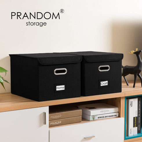 PRANDOM File Organizer Box - Set of 2 Collapsible Decorative Linen Storage with Lids for Office Cabinet (Black)