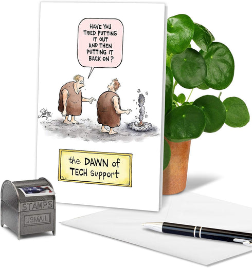 NobleWorks Funny Birthday Card Cartoons - Hilarious Comic Humor Notecard with Envelope (Dawn of Tech Support)
