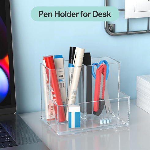 Clear Pen Holder for Desk, Acrylic Pencil Holder, Makeup Brush Organizer for Vanity, Office Desk Organizers and