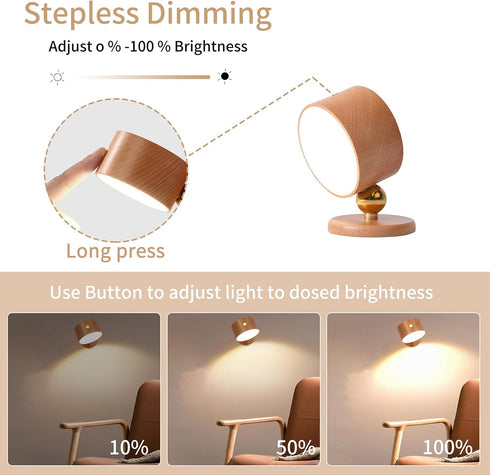 HBGFHG 360 Dimmable 1pcs) Wooden Led Wall Sconce, Rotatable Wall Lights Rechargeable Wall Lights Battery Operated