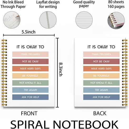 Boho Mental Health Notebooks - College Ruled, 5.5×8.3, Rainbow Inspirational Spiral Notebooks for Work