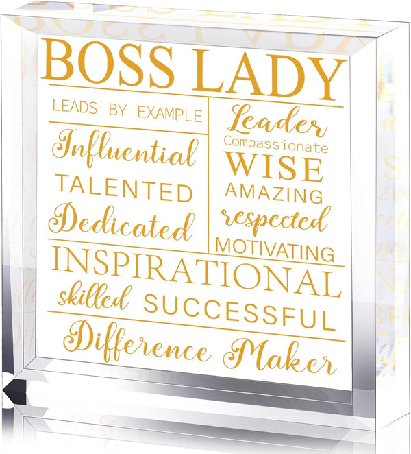 Yalikop Boss Lady Gifts for Women, Acrylic Desk Office Decor with Inspirational Quotes, Keepsake and Paperweight