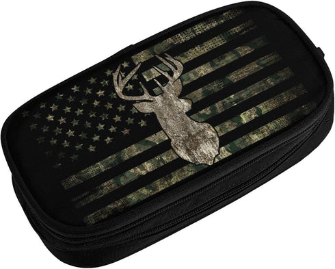 YETTA YANG Retro Patriotic American Flag Deer Pencil Box Case, Large Capacity for Office Supplies