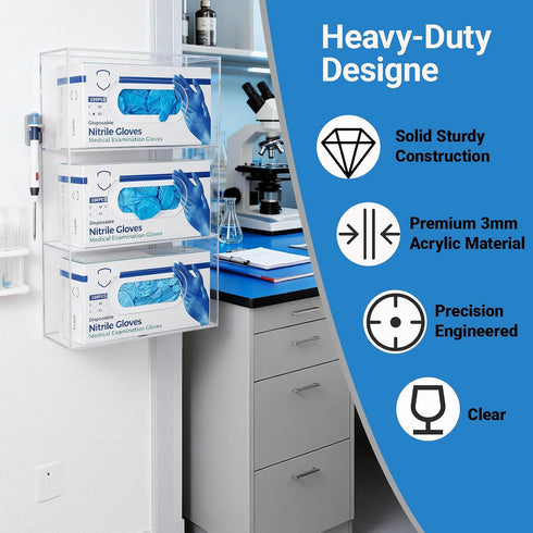 3 -10 3.5 16.4 Triple Glove Box Holder Wall Mount, Compartments Clear Acrylic Rubber Nitrile Gloves Dispenser for Lab
