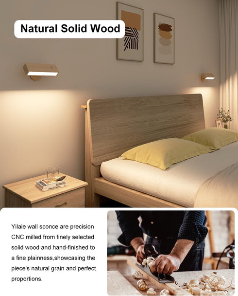Set Dimmable,Wood 360 YiLaie Wall Sconces Battery Operated of Two,Rechargeable Wall Lamps for Bedroom,Wall Lights