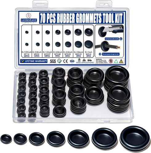 Rubber Grommet Kit 70 Pack - 7 Sizes Firewall Rubber Hole Plugs