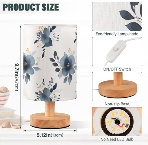 Bedside Table Lamp, Flower Leaves Hs Pattern Small LED DeskLight USB Nightstand Lamp with Non Slip Wood Base