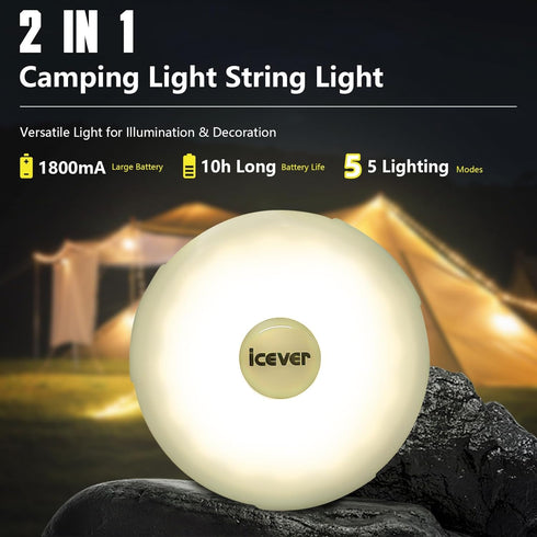 Camping String Lights, 32.8FT Rechargeable Waterproof Hanging Lamp Portable LED Light for Outdoor Camping Awning Tent Garden Party Yard Festival Decor (8 Lighting Modes) by icever