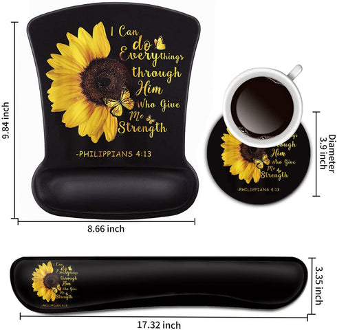 Keyboard Wrist Rest and Mouse Pad Support Set, Bible Verse Philippians 4:13 Sunflower Ergonomic Gel Mouse Pad, Easy