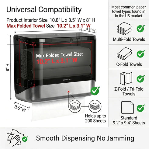 Commercial 10.8" 3.5" 8" interhasa! Paper Towel Dispenser Wall Mount - ADA Compliant Multifold Trifold & C-Fold Hand