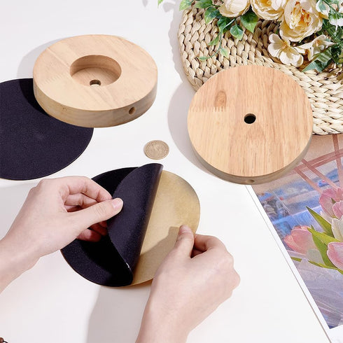 2 Sets 4.7x0.8 Inch PH PandaHall Wooden Lamp Base Round Lamps Stand Wood Lamp Holder with Self Adhesive Pad Desktop