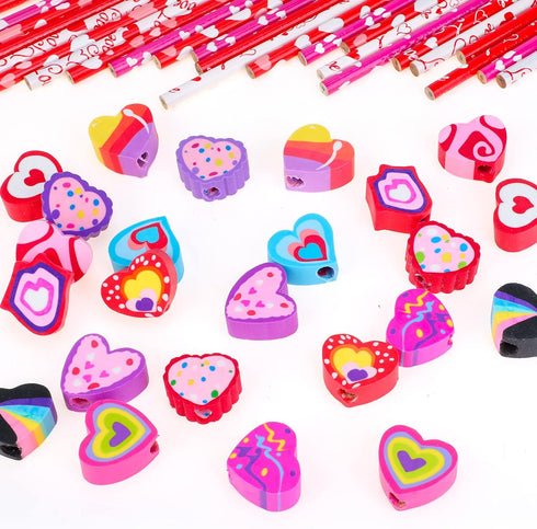 Konsait 2 Dozen (24) Valentine Pencils Assortment with Giant Eraser Topper Decorated with Love Hearts, Candies, Stars