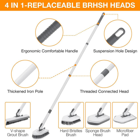 4 1 in Shower Scrubber Cleaning Brush, Tub and Tile Scrubber with Long Handle, Grout Brush Stiff Bristles Scrub Sponge