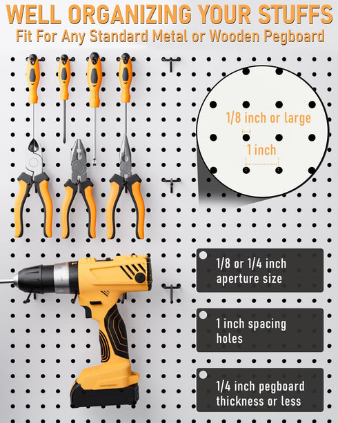 INCLY 120 Pack Black Pegboard Hooks, 4/6/8 Inch Accessories for 1/8“ and 1/4" Pegboard Hanging Tools