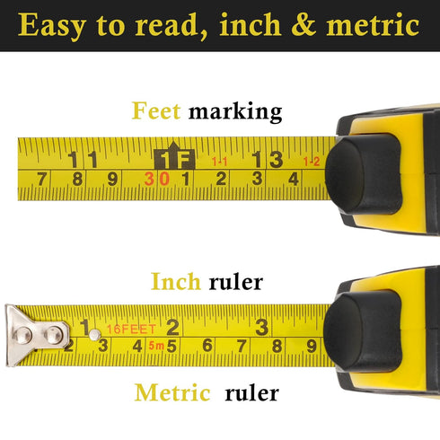 Auto-Lock Measuring Tape, 16-Feet Dual Side Retractable Tape Measure for Electricians and Carpenters