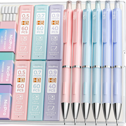 Nicpro 6PCS Pastel Mechanical Pencil Set, Cute 0.5 mm, 0.7 mm & 0.9 mm Pencils with 360PCS HB Lead Refills and Case