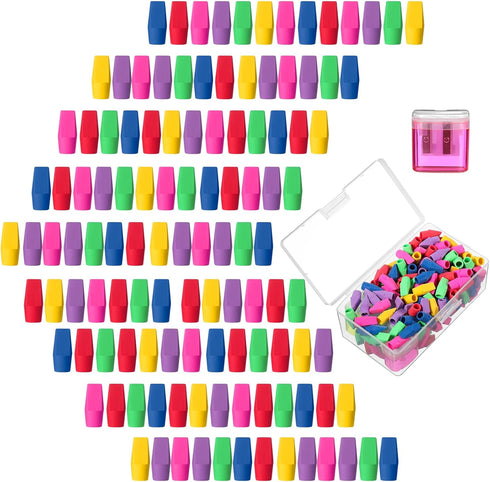 Maitys 100 Pcs Colorful Pencil Top Erasers and Sharpener with Random Colors for School Office