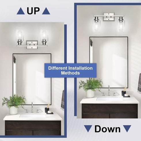 Unicozin 2 Light Bathroom Light Fixtures, Modern Vanity Lights Over Mirror, Brushed Nickel Wall Lamp with Clear Glass
