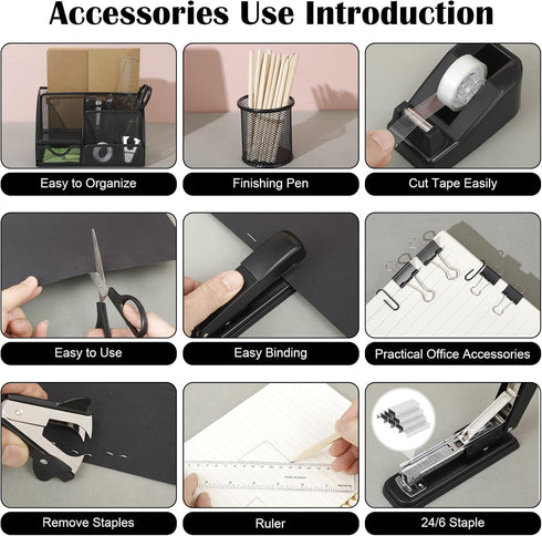 Black Desk Organizer and Accessories Kit, Mesh Desktop Organizer, Stapler, Tape Dispenser, Pen Holder, Ruler, Scissors