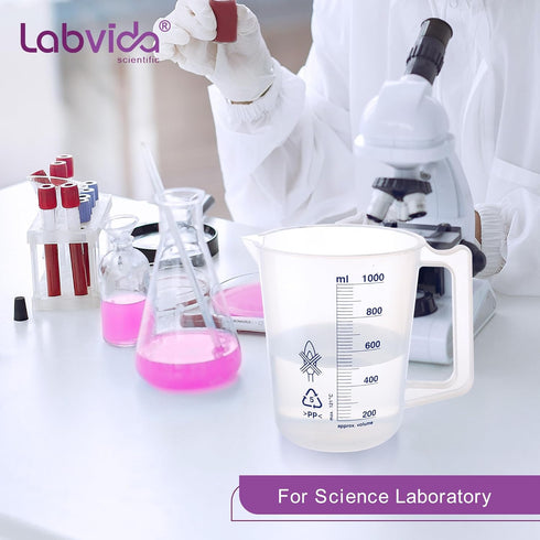 2PCS Plastic Beakers with Handle, 1000ml Measuring Cup with Blue Scale Line for Science Activities and Household Use