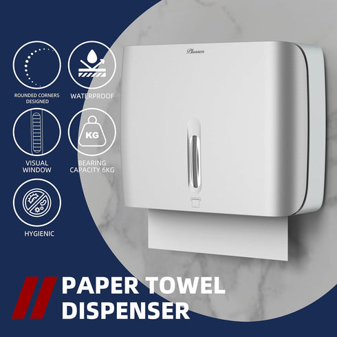 Commercial 200 Paper Towel Dispenser Wall Mount & Home Use ABS Matte Silver Gray with Window Holds C/Z/Multi-Fold