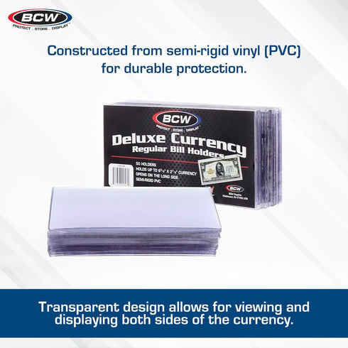 BCW Deluxe Currency Holder, Regular Bill (Dollar), Semi-Rigid Holder, Holds up to 6.38' x 2.78', Pack of 50