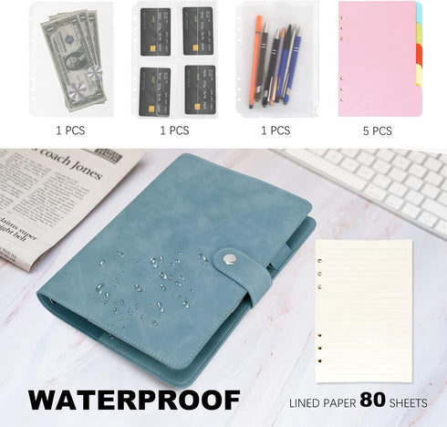 FYY Leather A5 Binder, 6 Ring Notebook, Refillable Planner, A5 Dividers, Blue Notebook