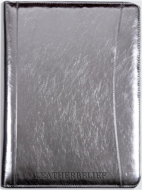 Glossy Silver Eco-Friendly Leather A4 Portfolio, Zipper, 5 Card Slots, 1 iPad and 1 Cell Phone Pockets, 3 Ring Binder