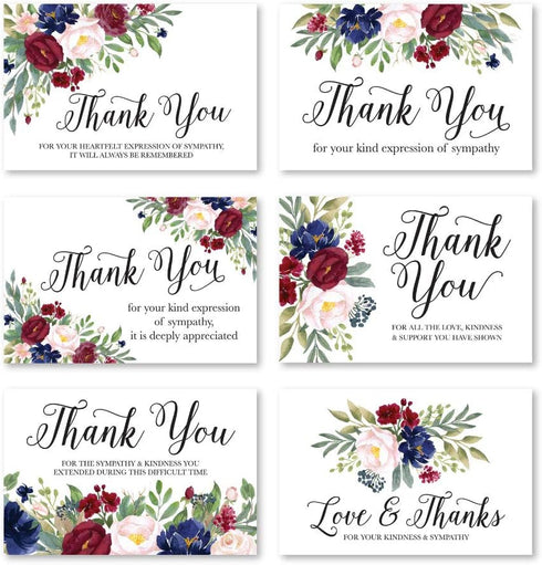 Hadley Designs 24 Sympathy Thank You Cards with Envelopes, Navy Burgundy Floral Bereavement Note, Personalized Memorial