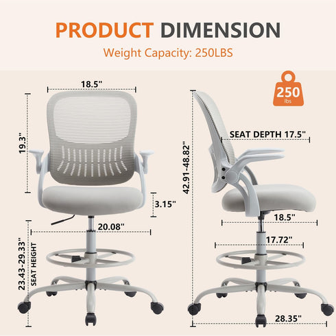 Thctvous Drafting Chair, Desk Chair with Flip-Up Armrests, High Desk Chair Adjustable Height, Ergonomic Tall Office